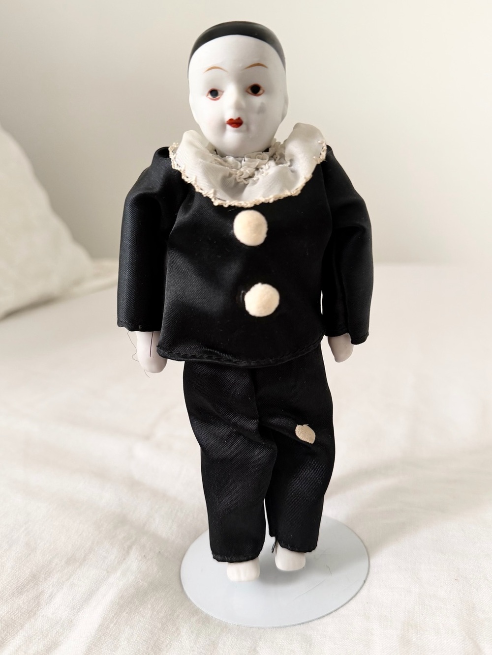 Porcelain Pierrot Doll in Black and White with Ruffled Collar